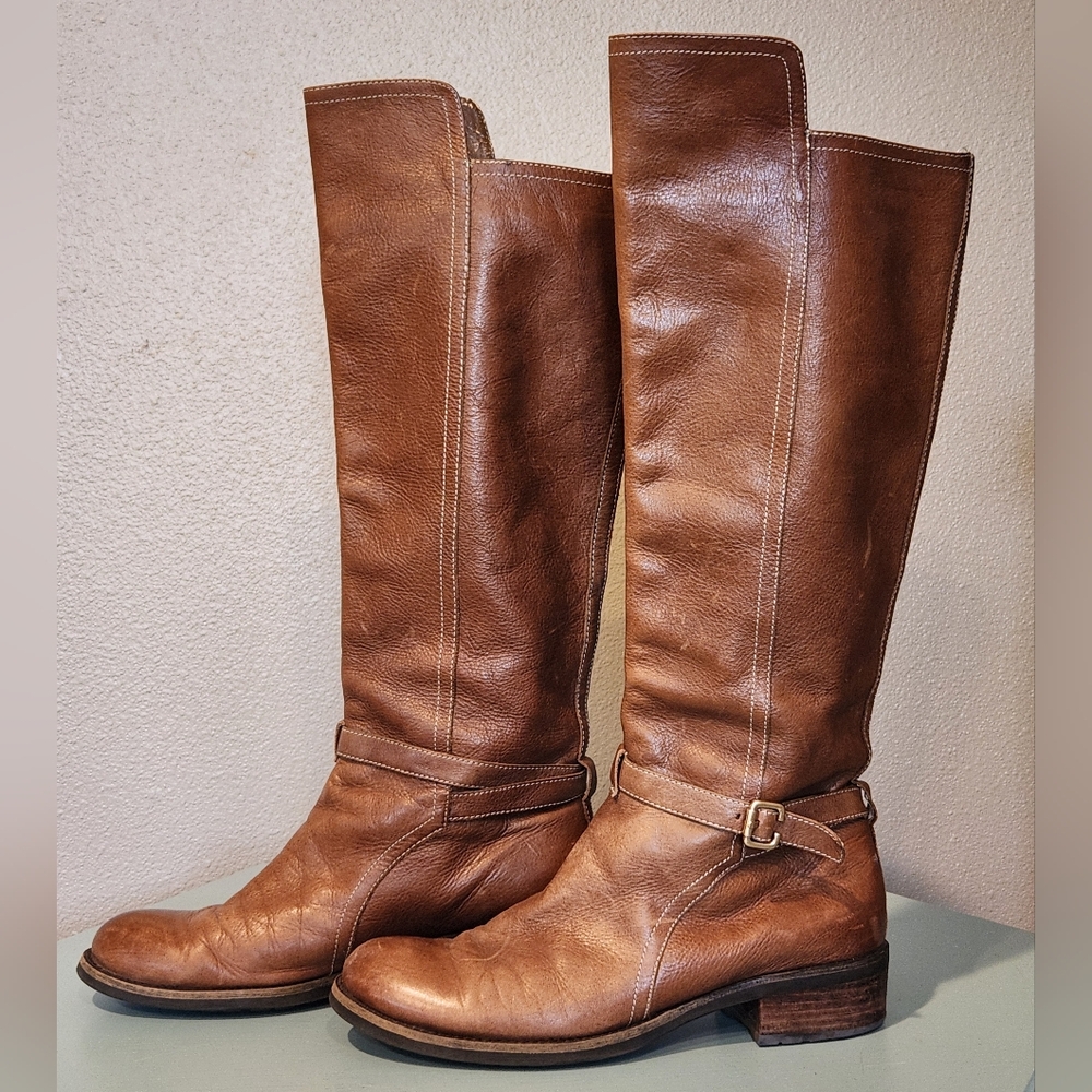 Franco Sarto Womens 9.5 Pull-on Knee High Carmel Leather Riding Boots